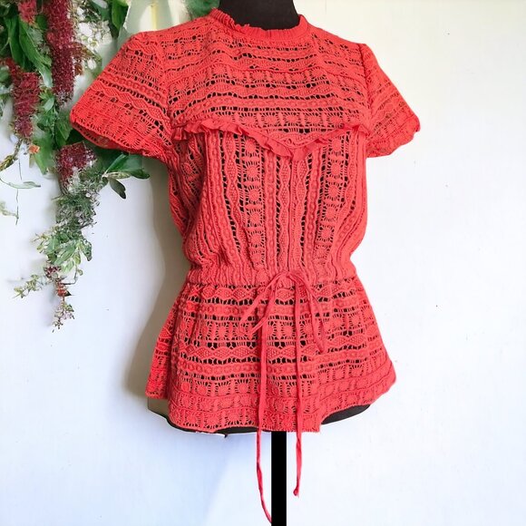 NWOT CAROLINA K ANTHROPOLOGIE ( S ) "Bernice" Coral Lace Eyelet Peplum Top - Picture 2 of 7